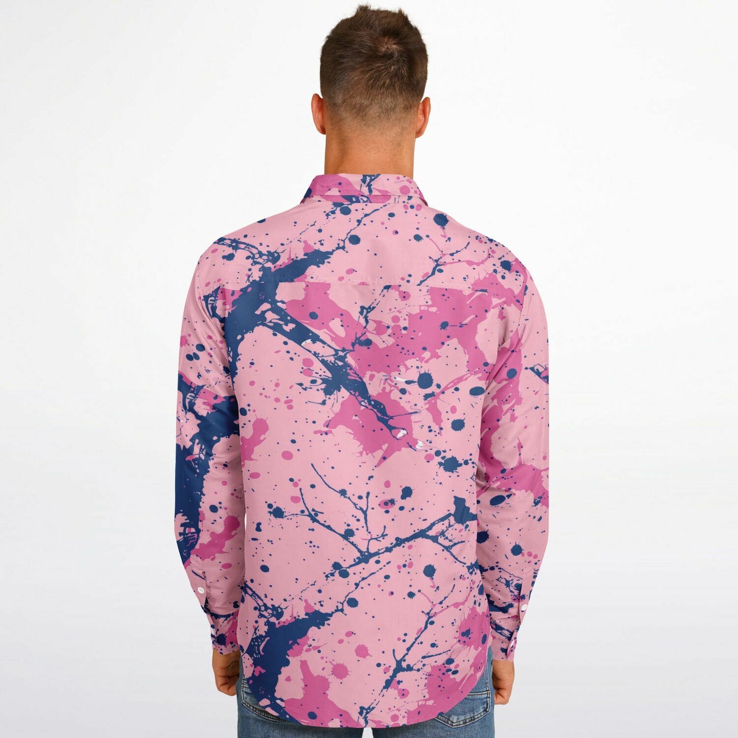 Artistic Pink and Blue Splatter Long Sleeve Button Down Shirt