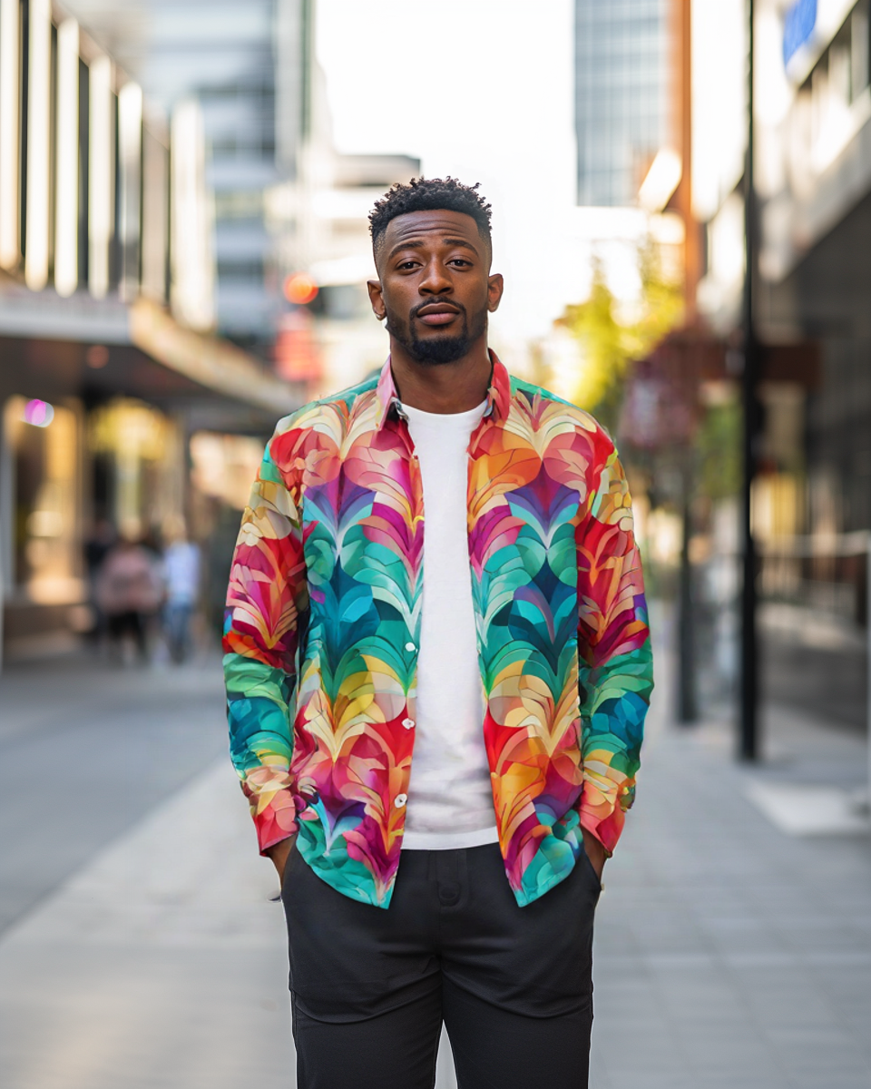 Retro Rainbow Feather Long Sleeve Button Down Shirt