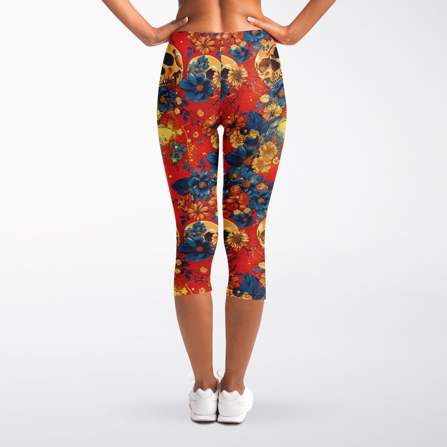 Floral Skull High-Waisted Capri Leggings for Edgy Activewear - AOP