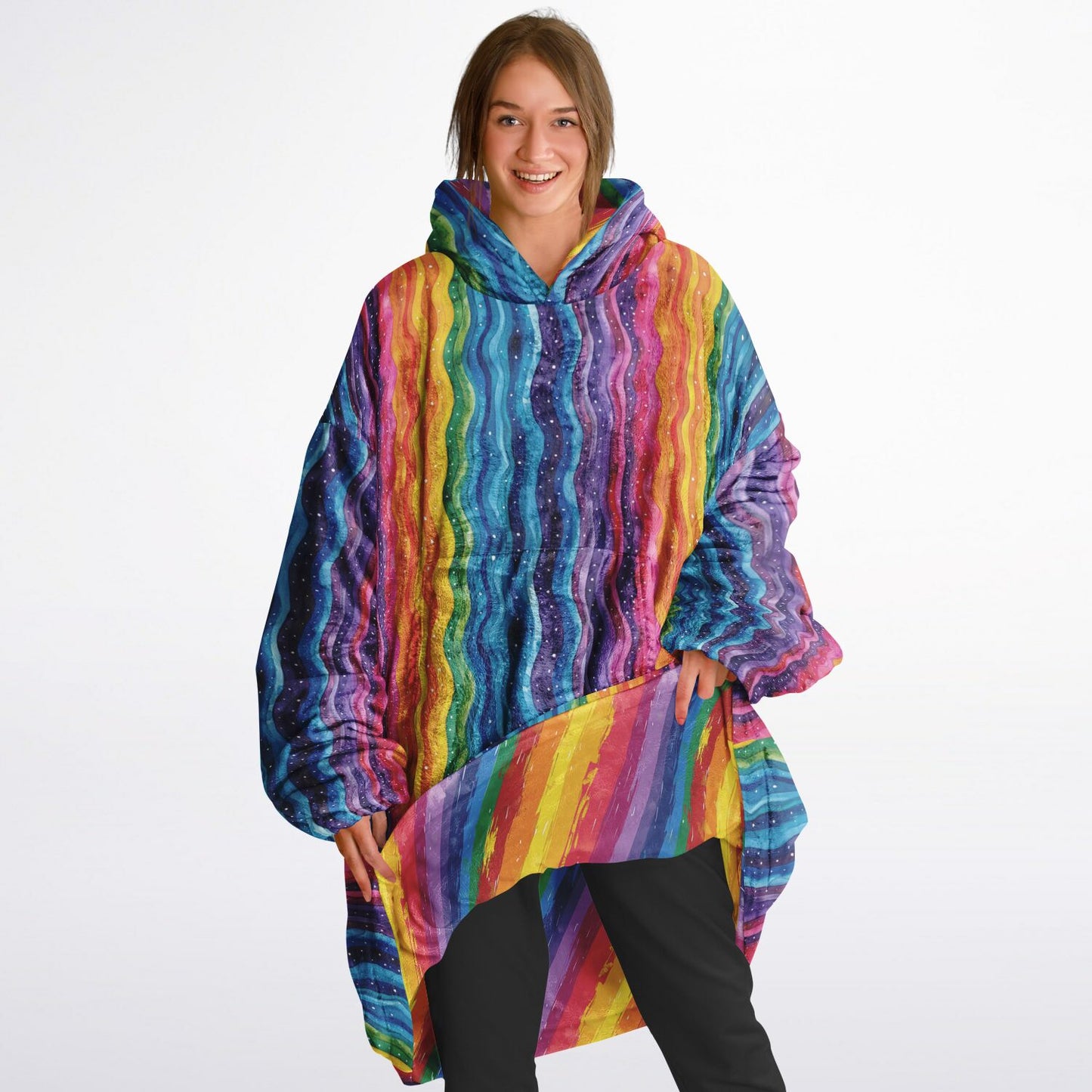 Reversible Snug Hoodie - Rainbow Stripes and Waves Designs - AOP