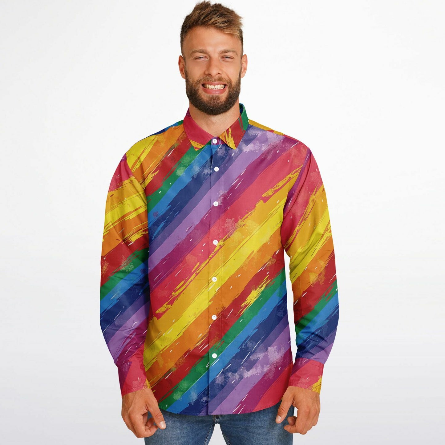 Vibrant Rainbow Stripes Long Sleeve Button Down Shirt