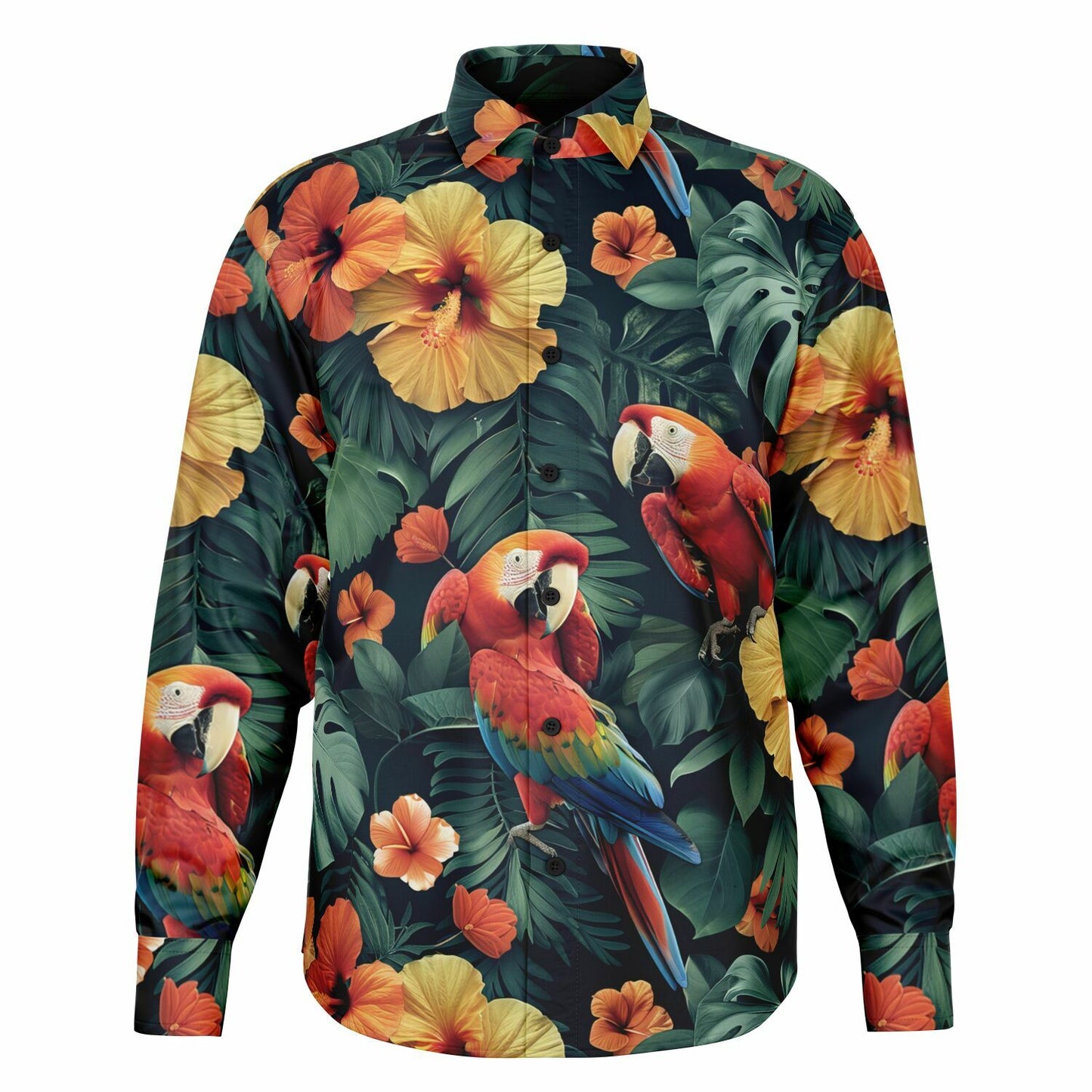 Tropical Parrot and Hibiscus Long Sleeve Button Down Shirt