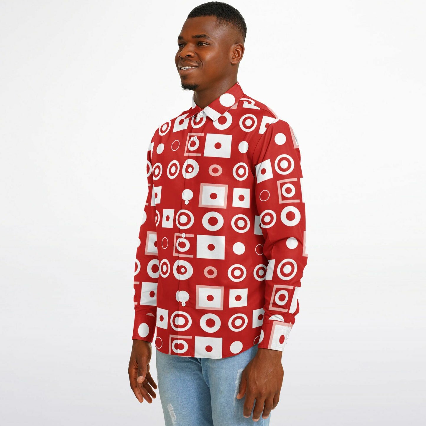 Bold Red Geometric Pattern Long Sleeve Button Down Shirt