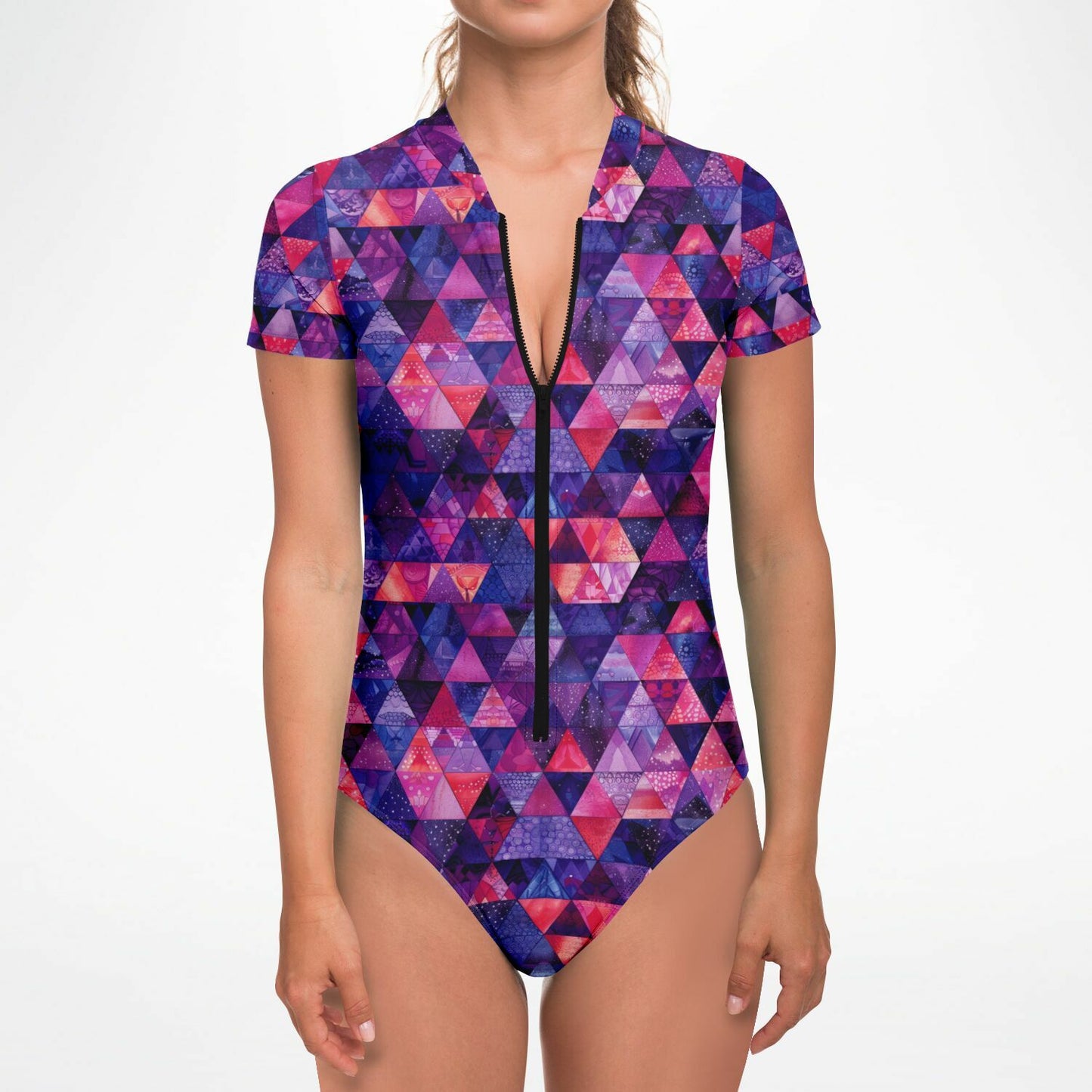 Geometric Triangles Pattern Women's Short-Sleeve Swimsuit - AOP