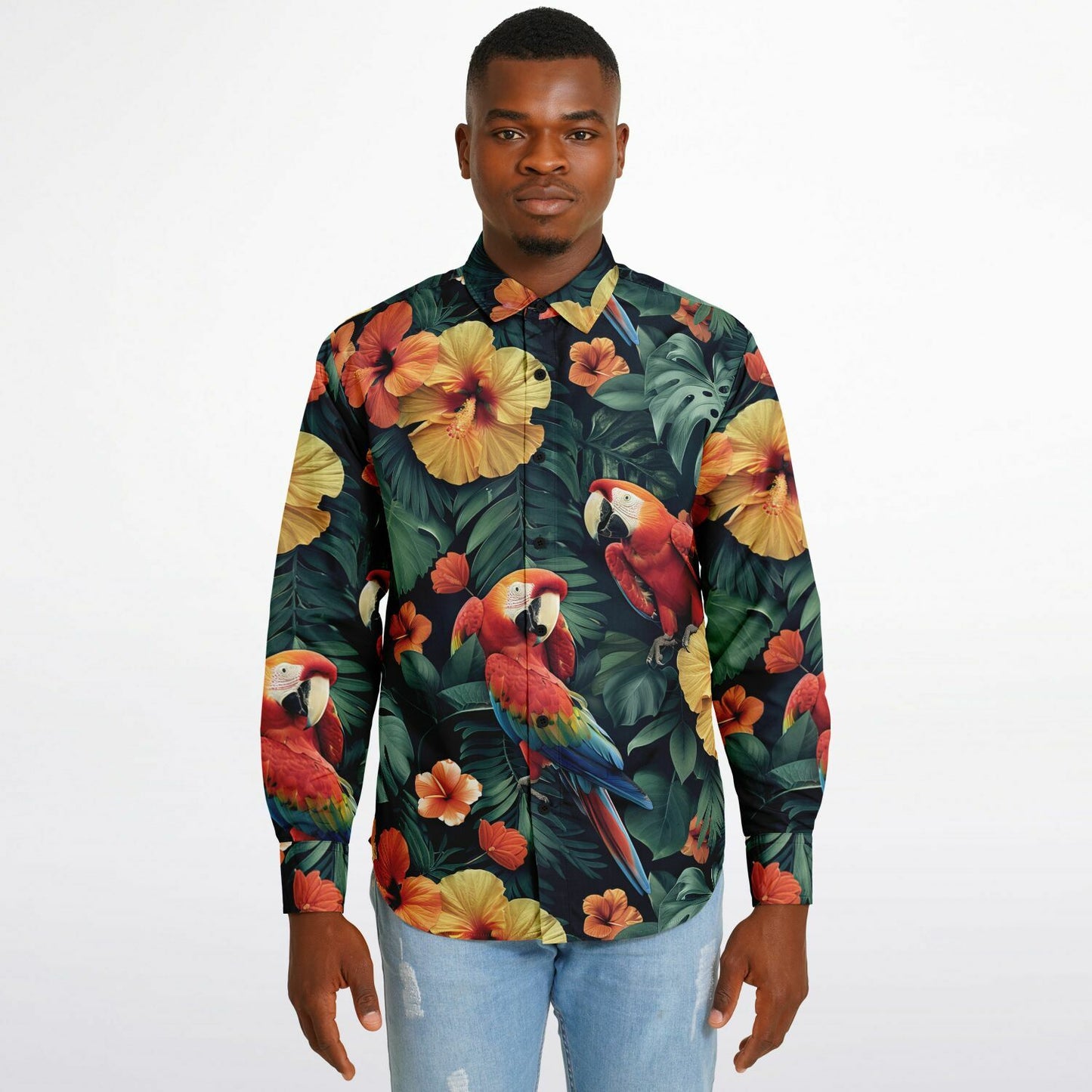 Tropical Parrot and Hibiscus Long Sleeve Button Down Shirt