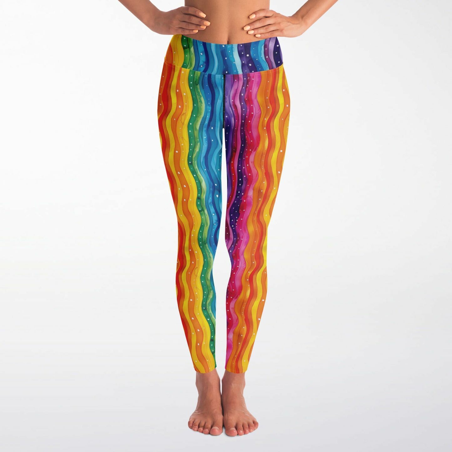 Cosmic Rainbow Waves High-Waisted Yoga Leggings for a Vibrant and Stylish Practice - AOP