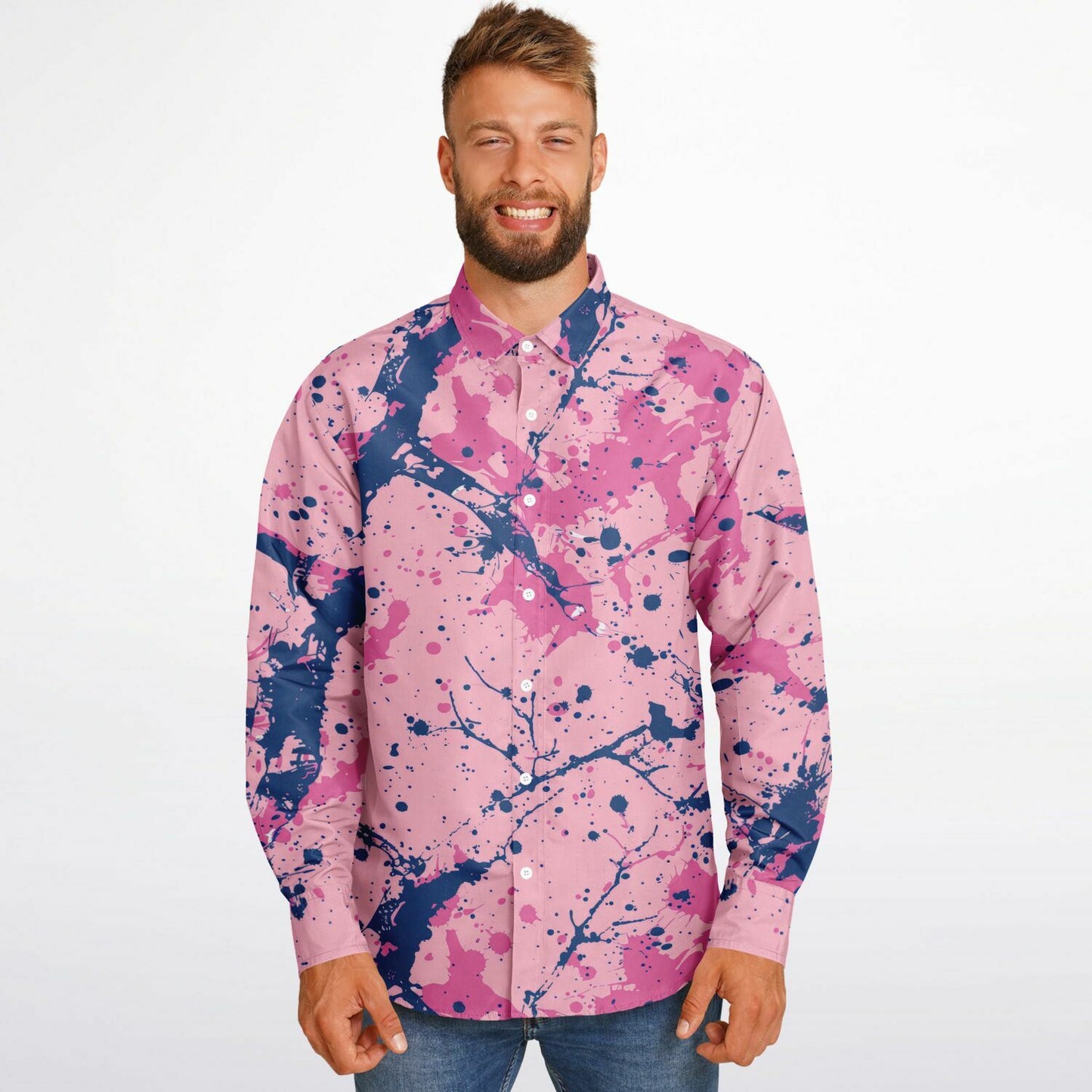 Artistic Pink and Blue Splatter Long Sleeve Button Down Shirt