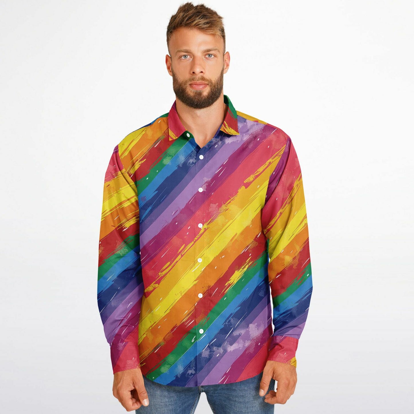 Vibrant Rainbow Stripes Long Sleeve Button Down Shirt