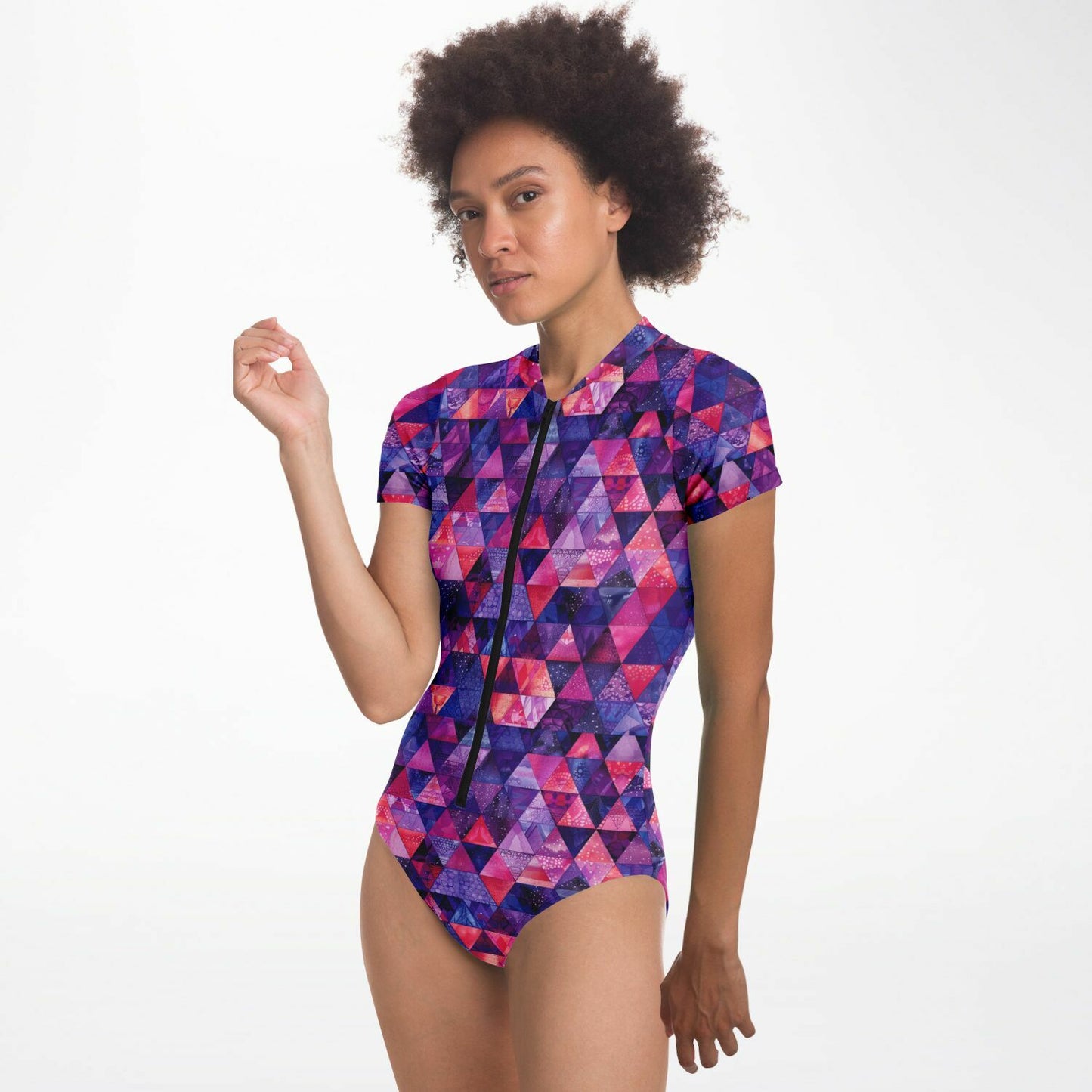 Geometric Triangles Pattern Women's Short-Sleeve Swimsuit - AOP