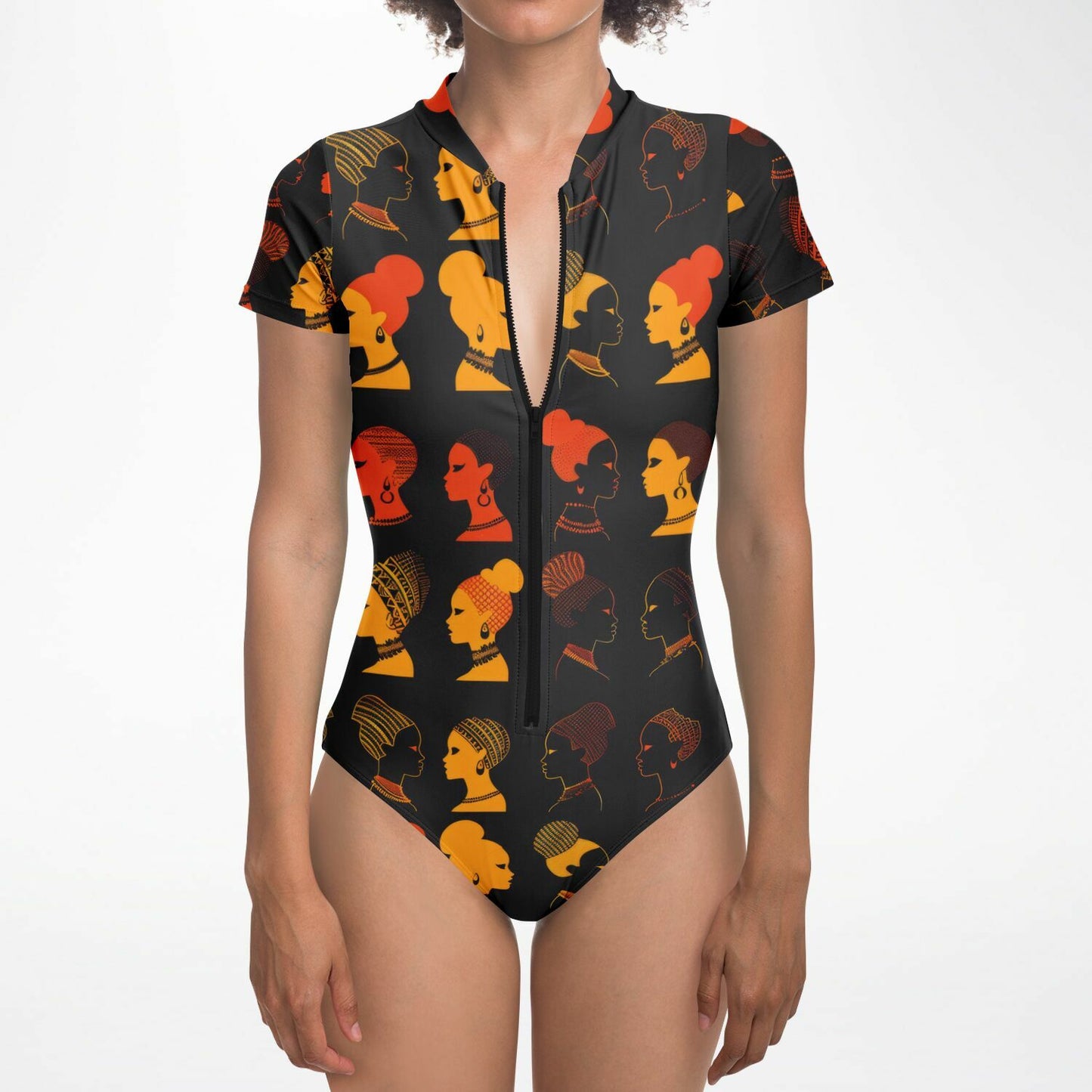 African Silhouette Pattern Women's Short-Sleeve Swimsuit - AOP