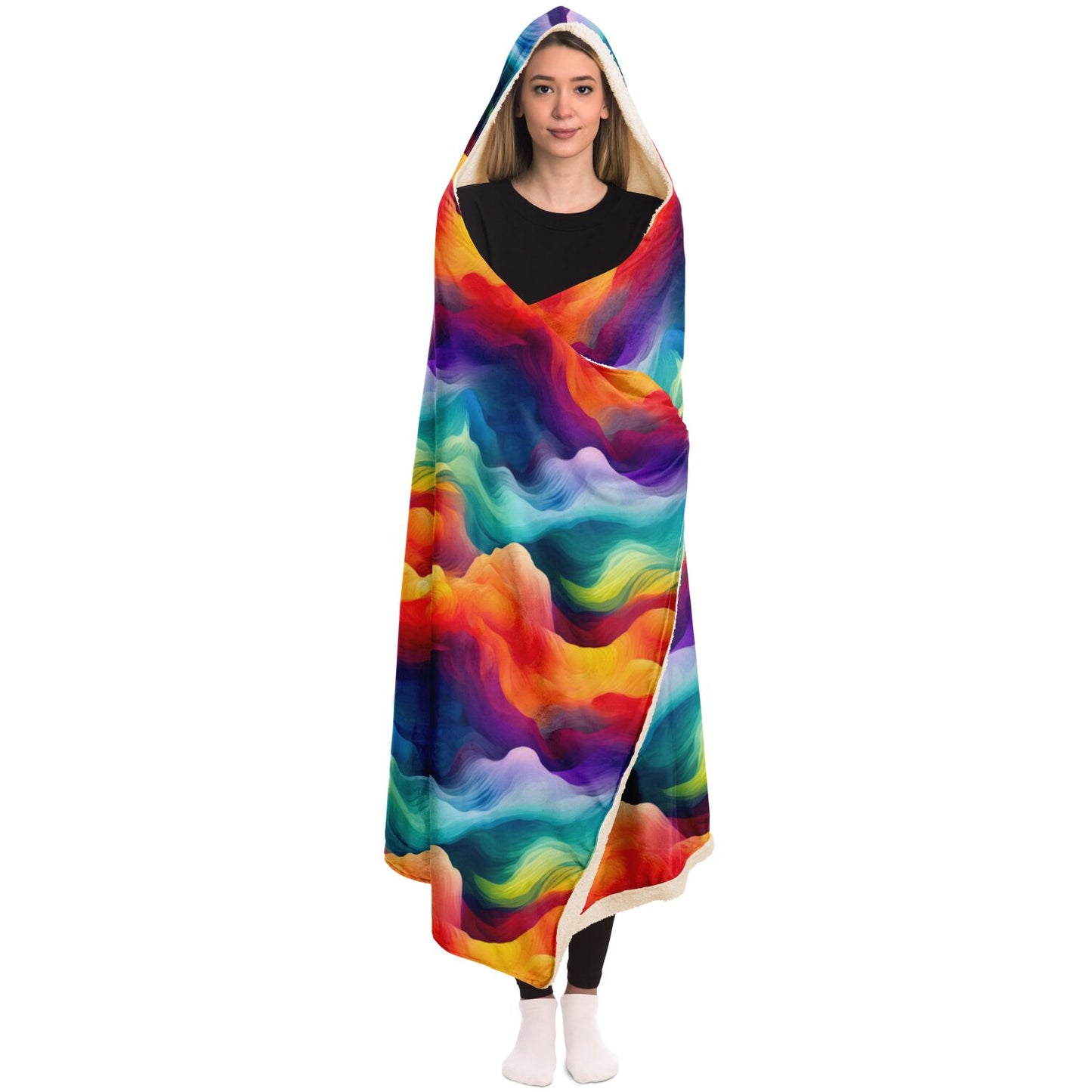 Radiant Rainbow Waves Hooded Blanket