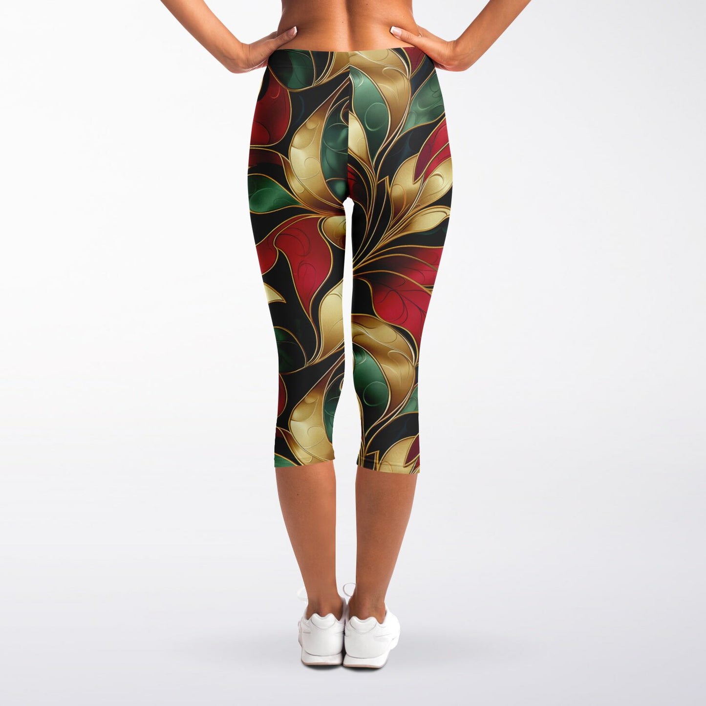 Festive Elegance High-Waisted Capri Leggings for Luxurious Activewear - AOP