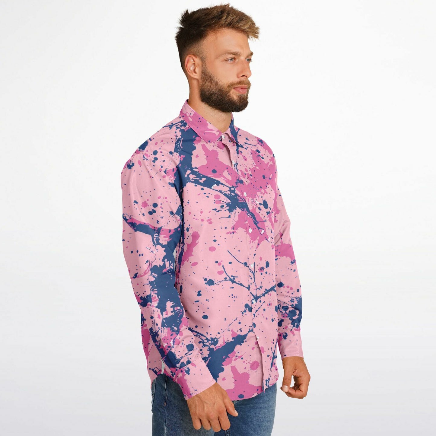 Artistic Pink and Blue Splatter Long Sleeve Button Down Shirt