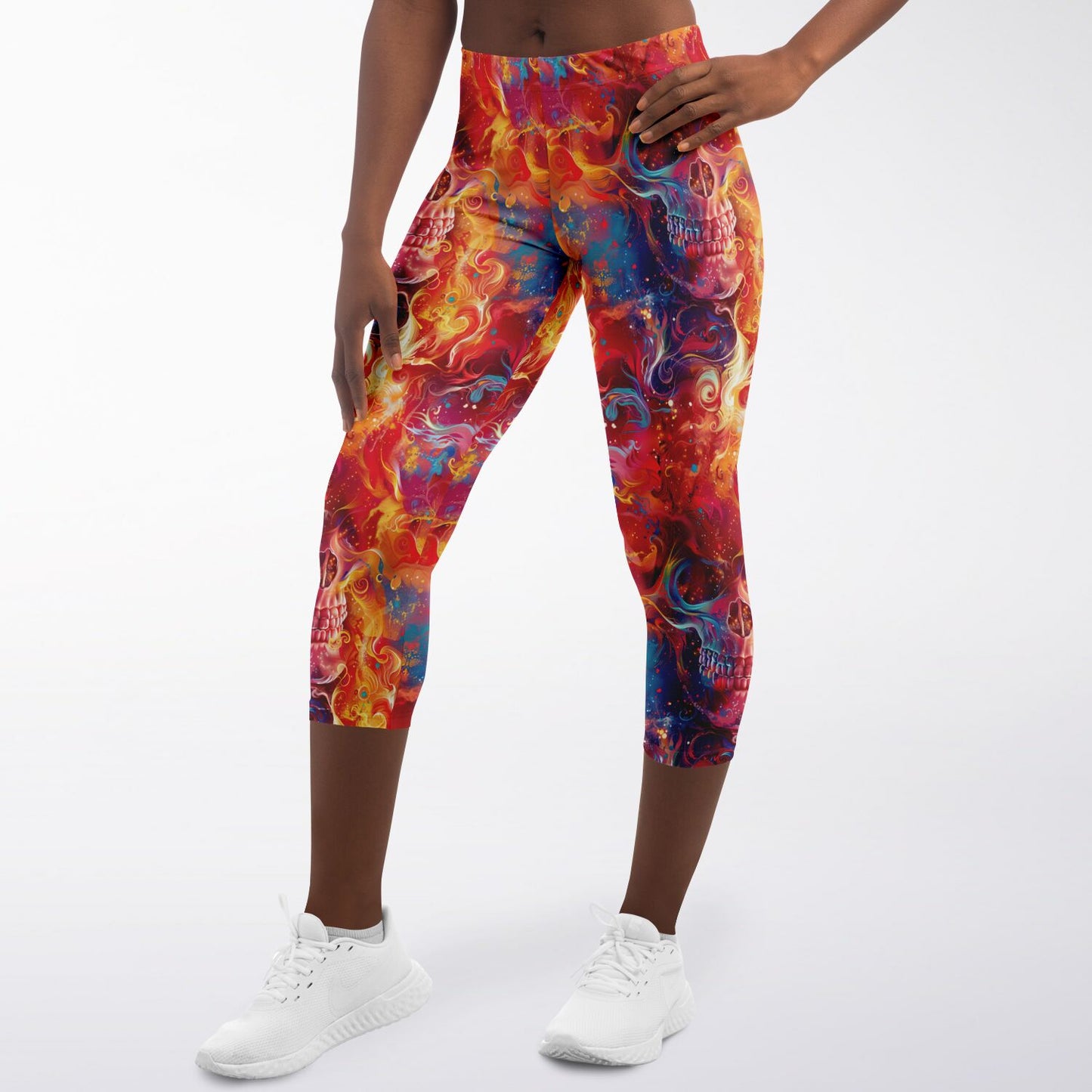 Fiery Skull High-Waisted Capri Leggings for Bold Activewear - AOP