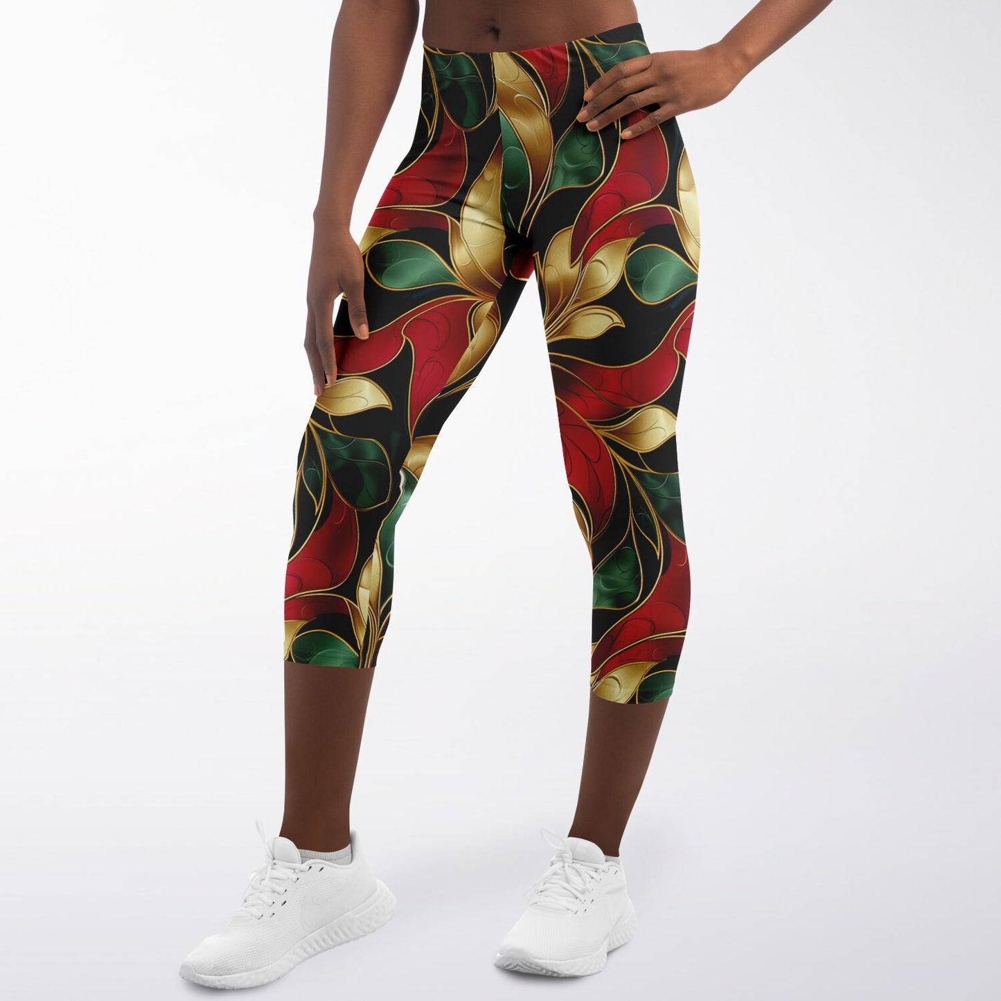 Festive Elegance High-Waisted Capri Leggings for Luxurious Activewear - AOP