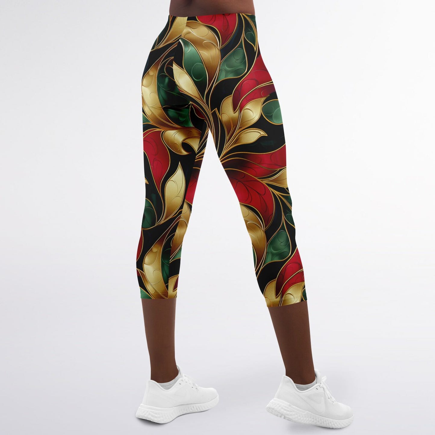 Festive Elegance High-Waisted Capri Leggings for Luxurious Activewear - AOP