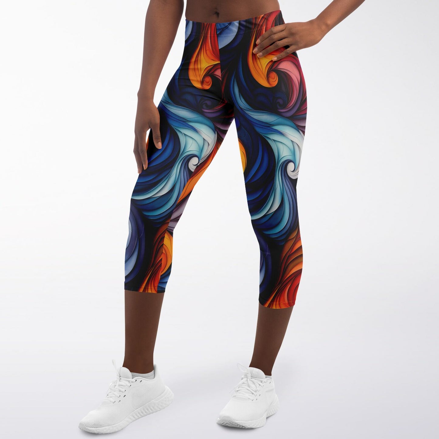 Vibrant Swirl High-Waisted Capri Leggings for Energetic Activewear - AOP