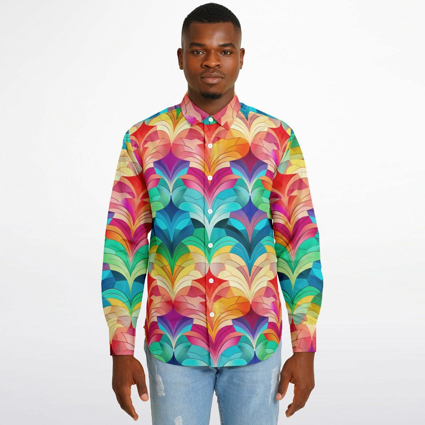 Retro Rainbow Feather Long Sleeve Button Down Shirt