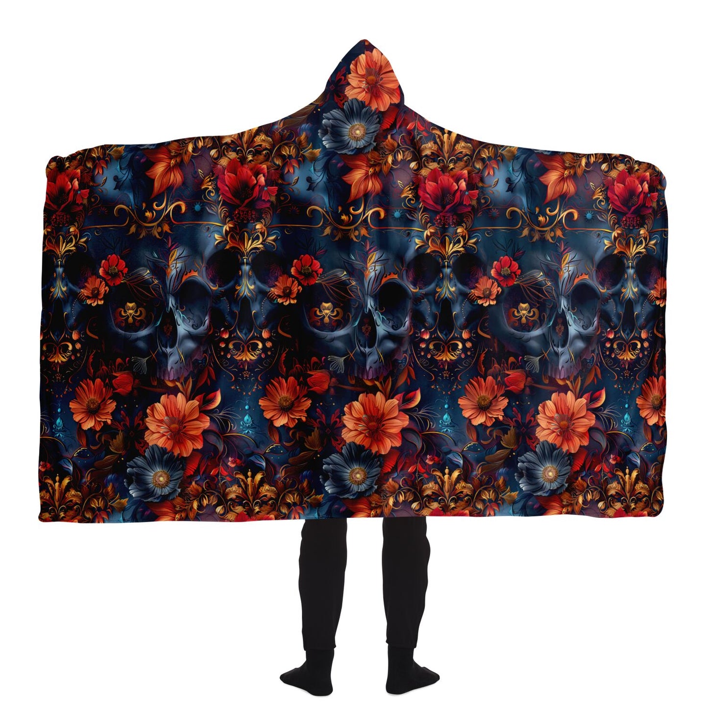 Gothic Floral Skull Hooded Blanket