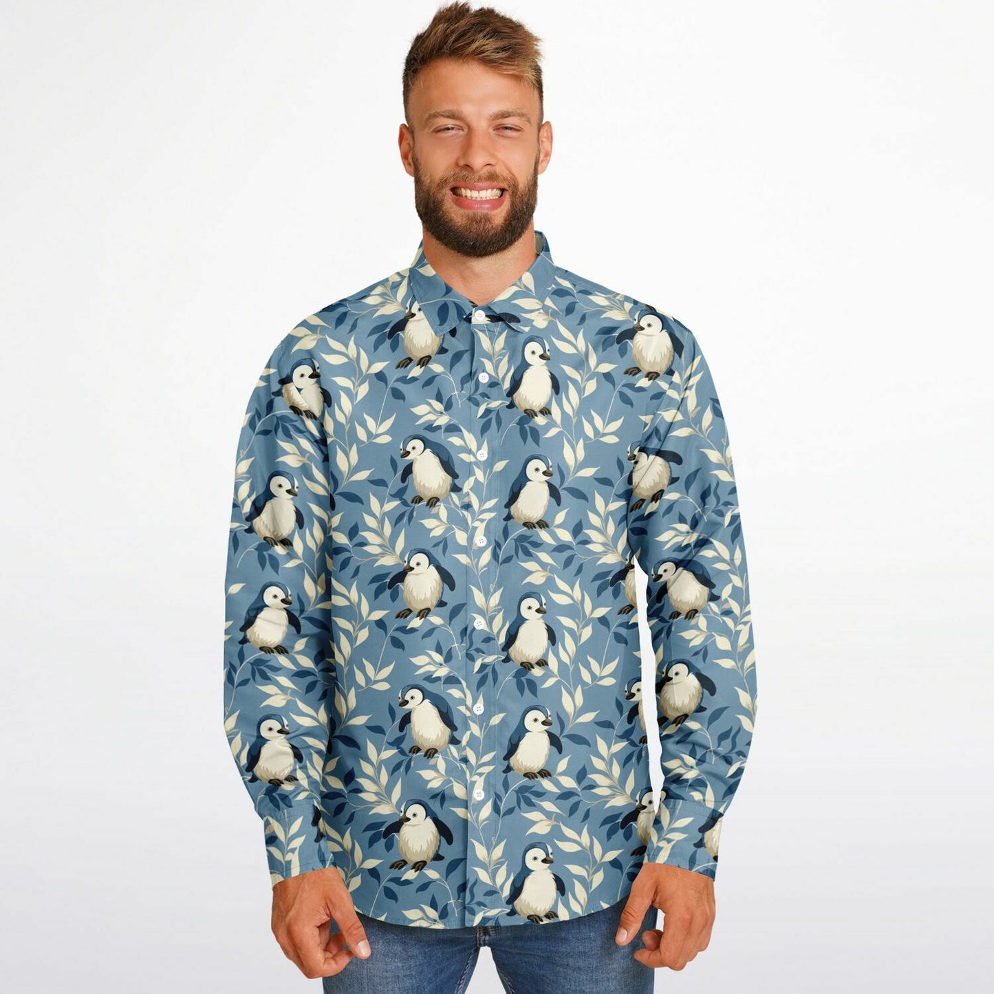 Penguin Pattern Long Sleeve Button Down Shirt