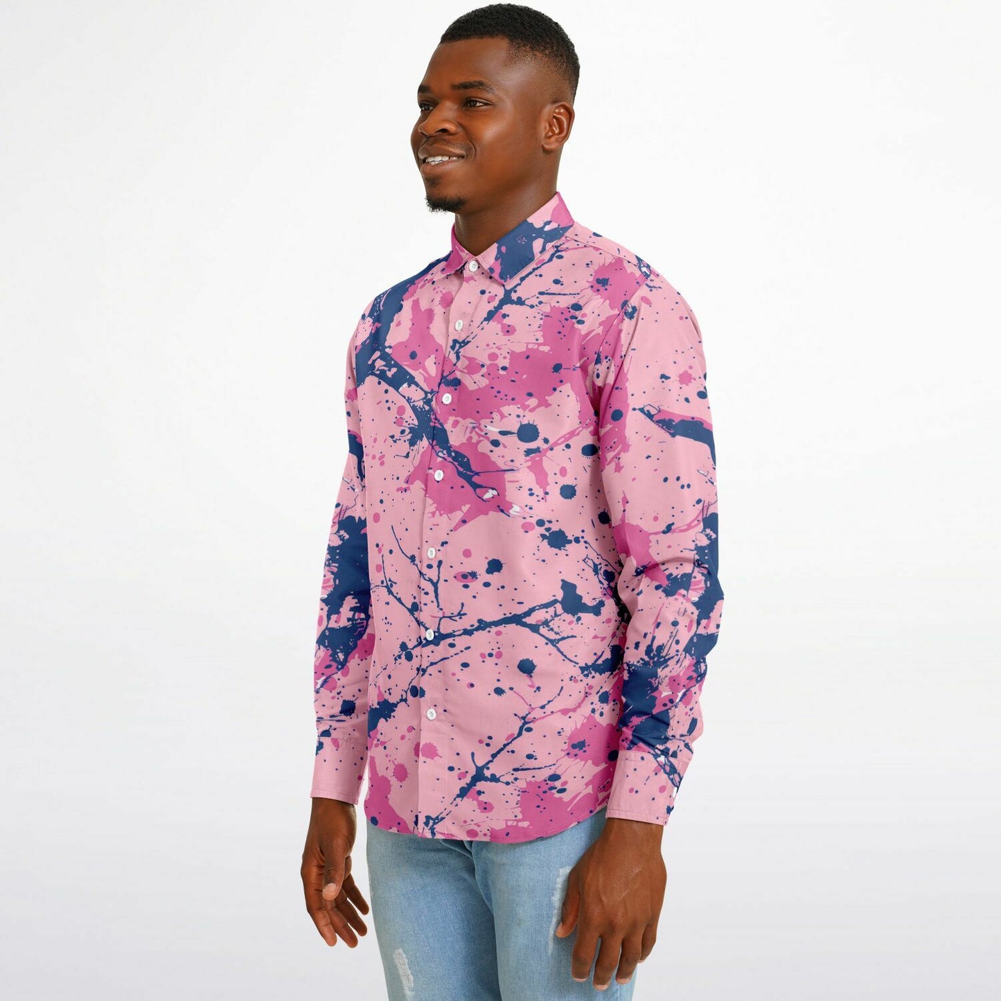 Artistic Pink and Blue Splatter Long Sleeve Button Down Shirt