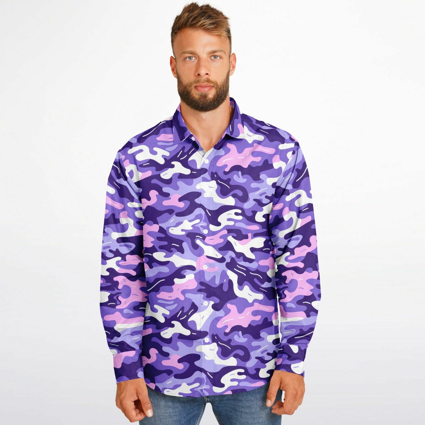 Bold Purple Camo Long Sleeve Button Down Shirt