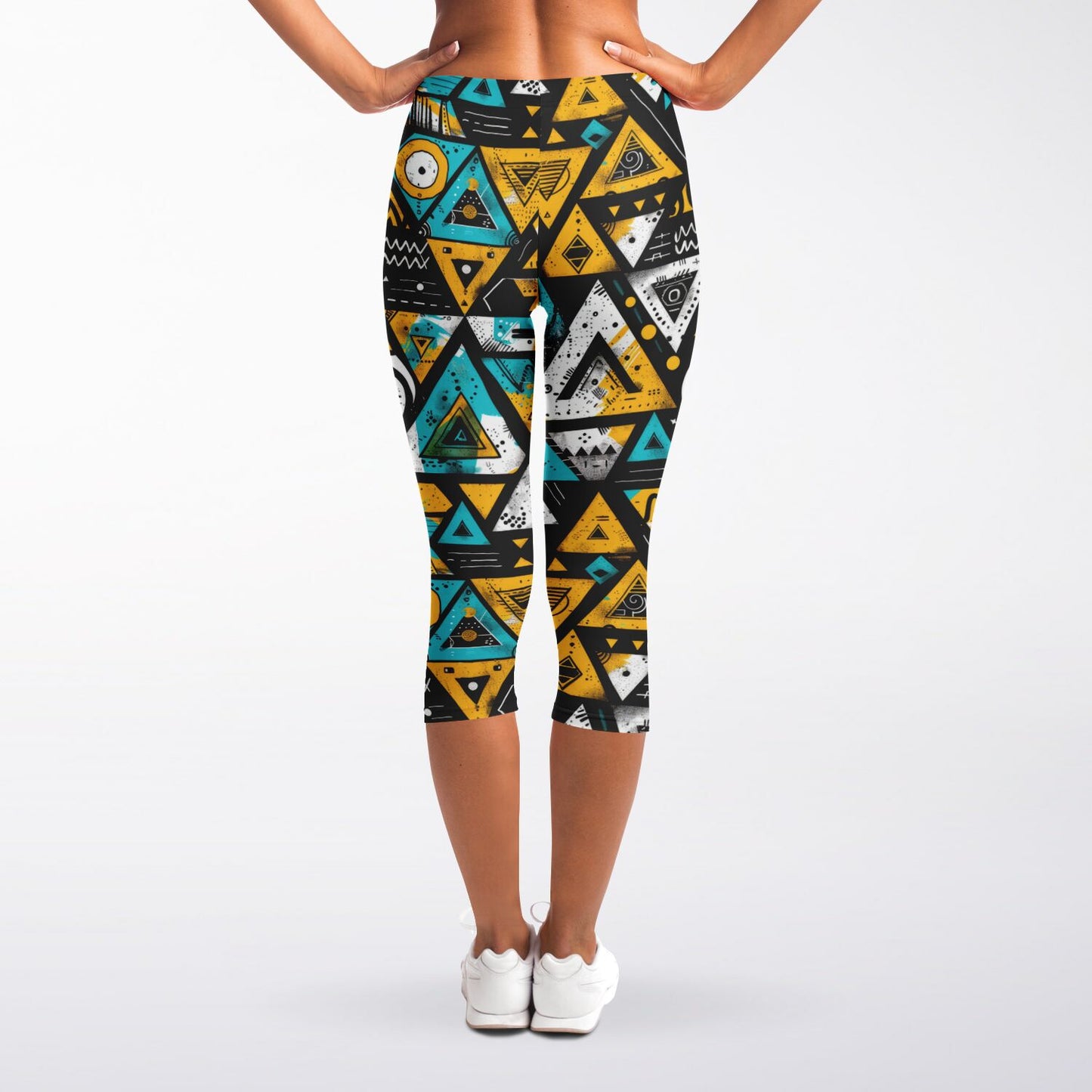 Geometric Tribal High-Waisted Capri Leggings for Bold and Stylish Activewear - AOP