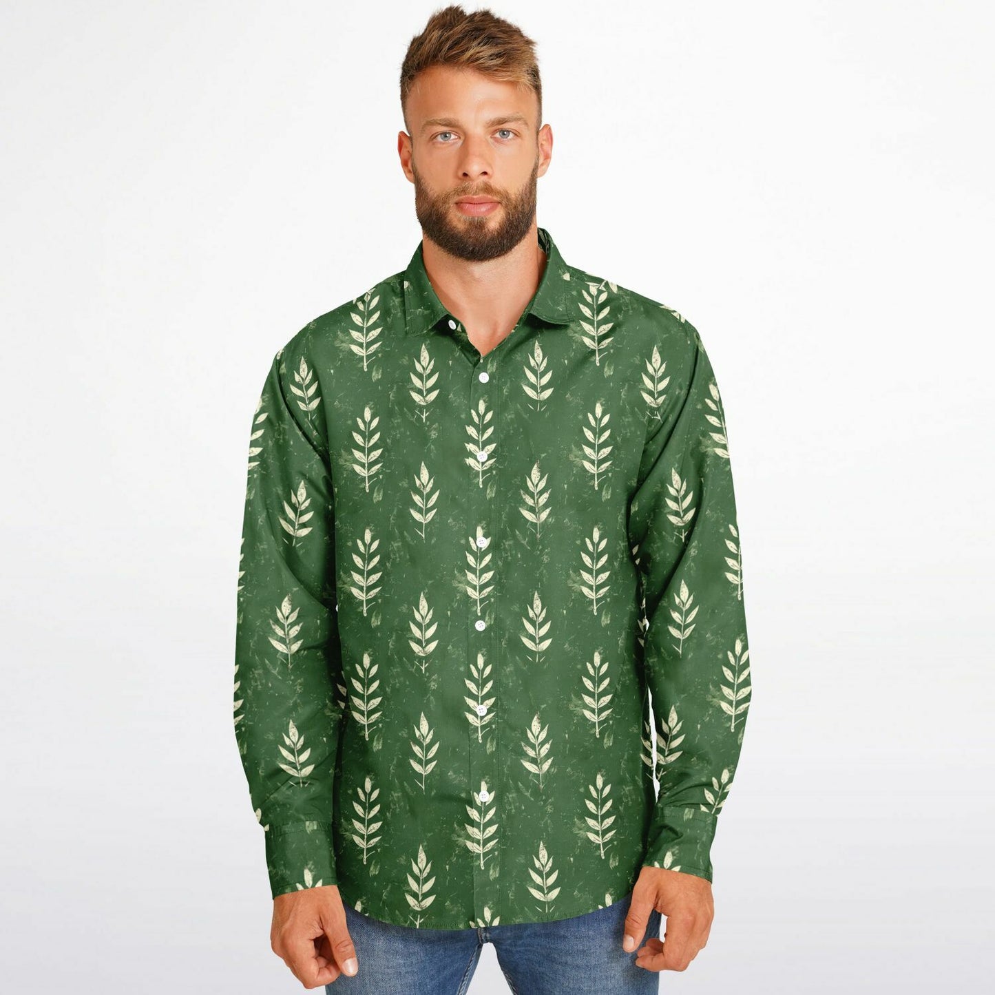 Nature-Inspired Leaf Print Long Sleeve Button Down Shirt