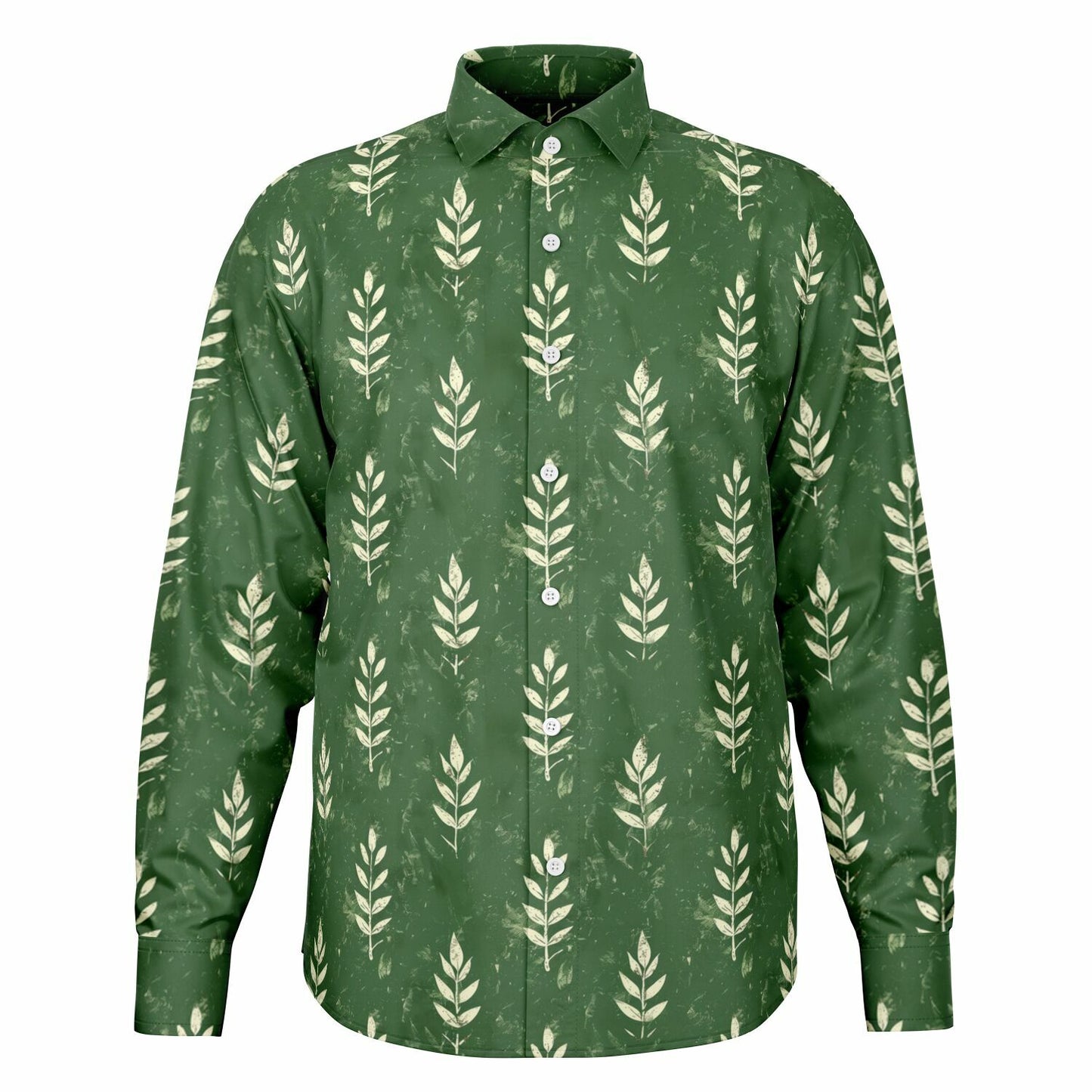 Nature-Inspired Leaf Print Long Sleeve Button Down Shirt