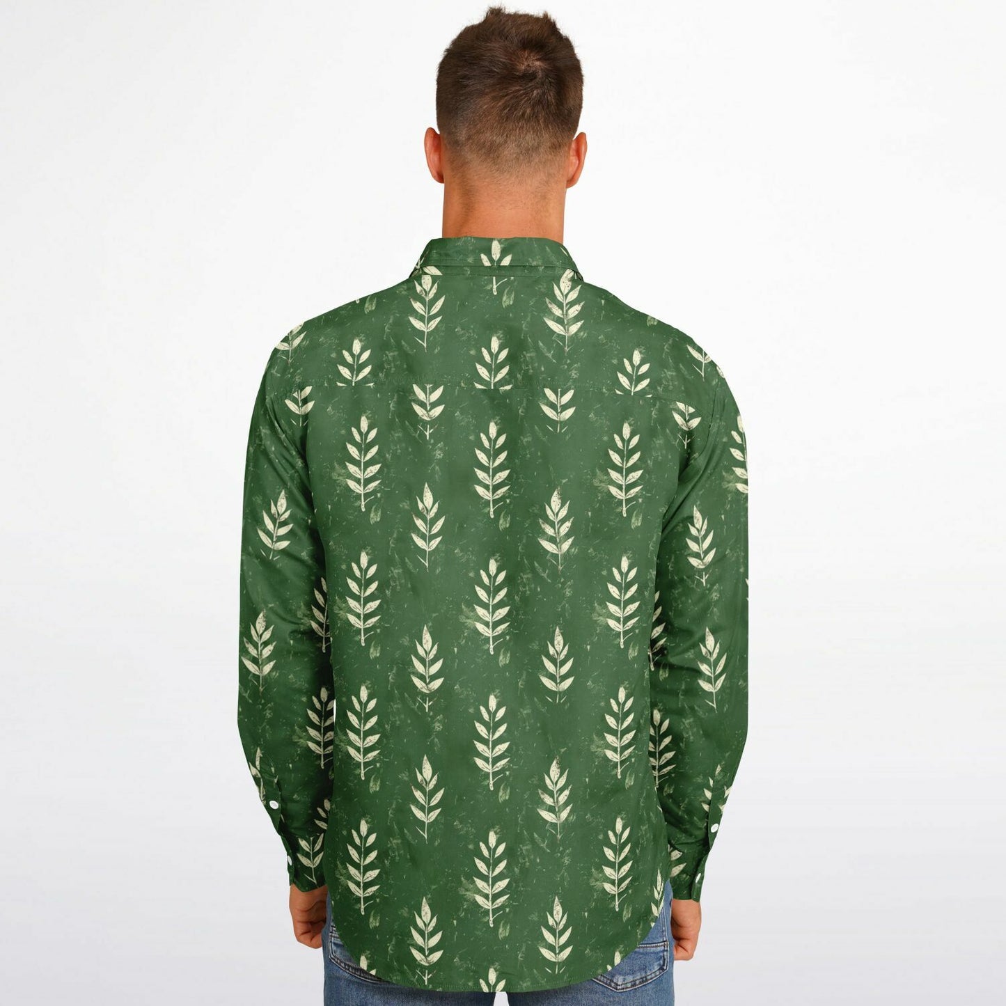 Nature-Inspired Leaf Print Long Sleeve Button Down Shirt