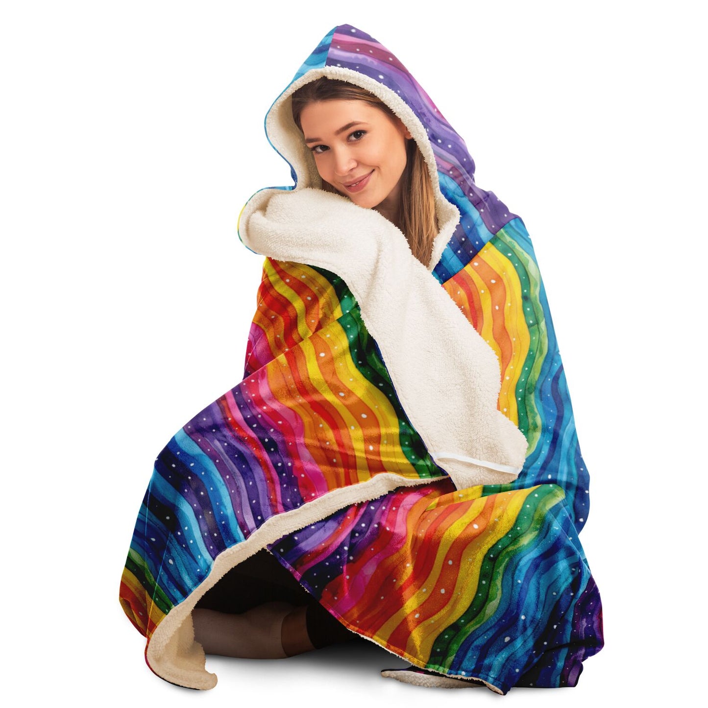 Vibrant Rainbow Waves Hooded Blanket