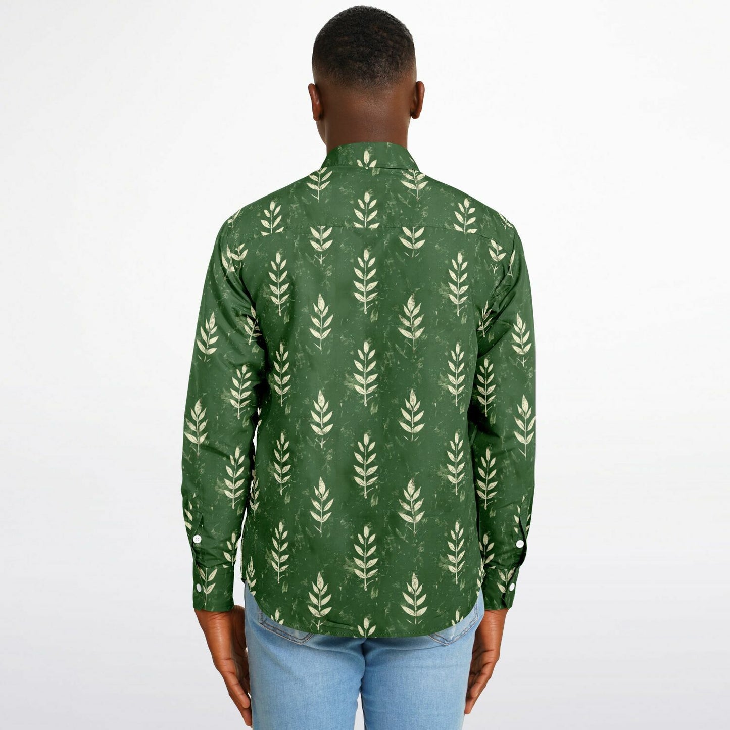 Nature-Inspired Leaf Print Long Sleeve Button Down Shirt