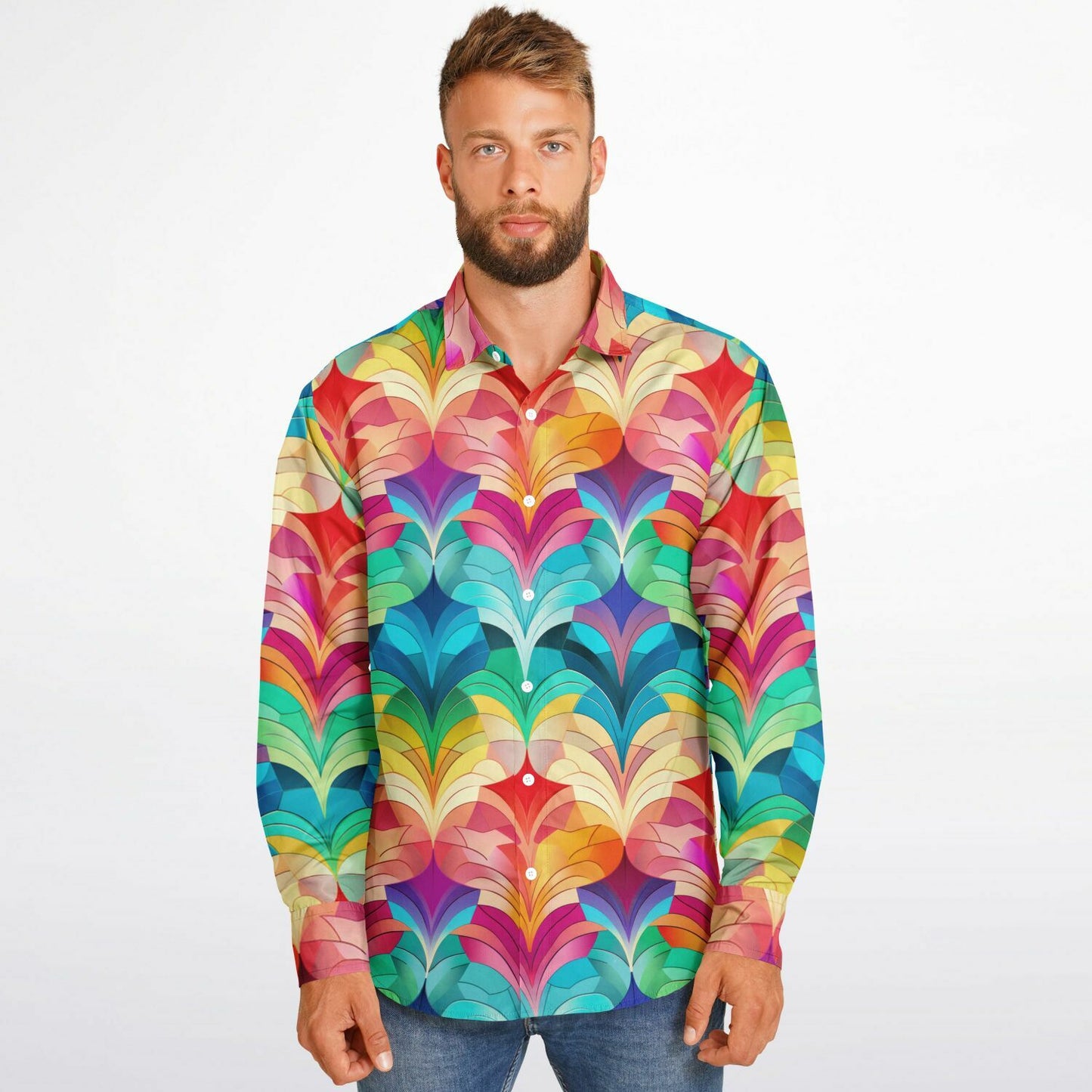 Retro Rainbow Feather Long Sleeve Button Down Shirt