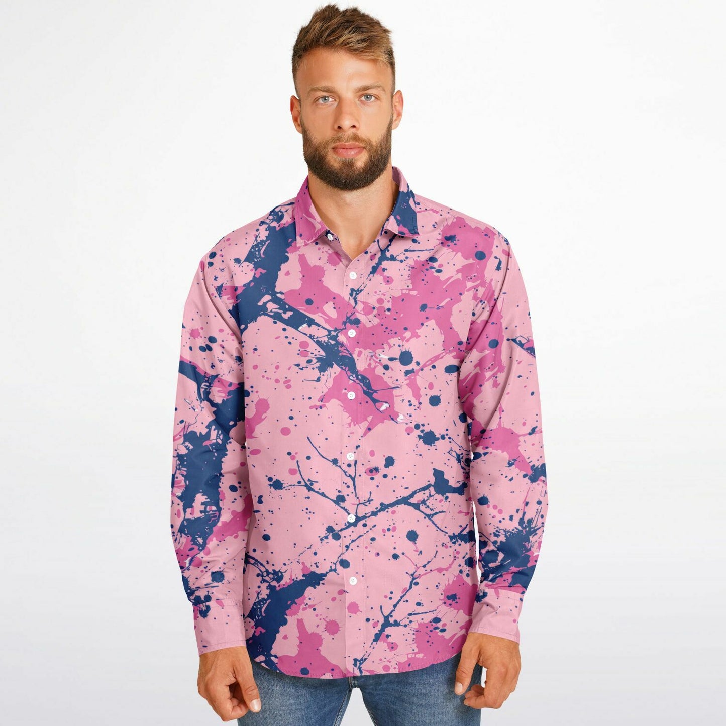 Artistic Pink and Blue Splatter Long Sleeve Button Down Shirt