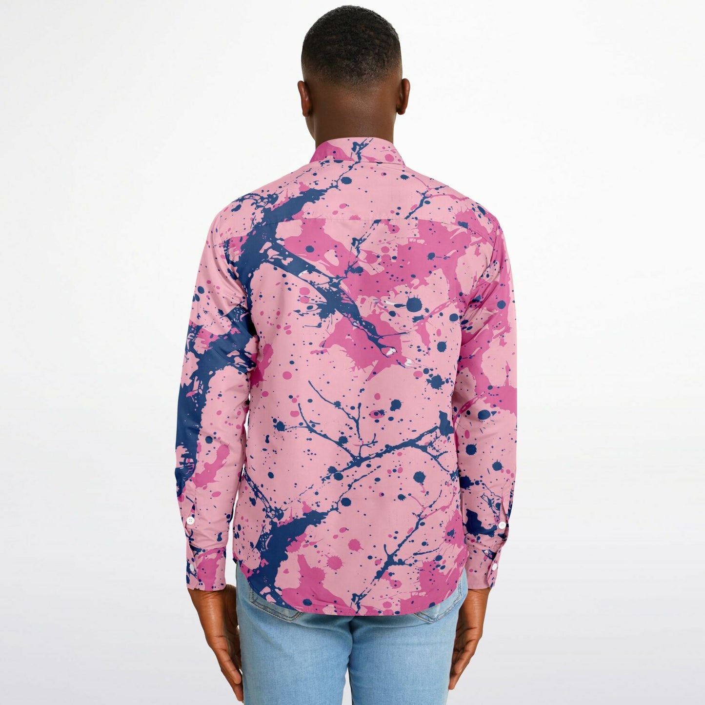 Artistic Pink and Blue Splatter Long Sleeve Button Down Shirt