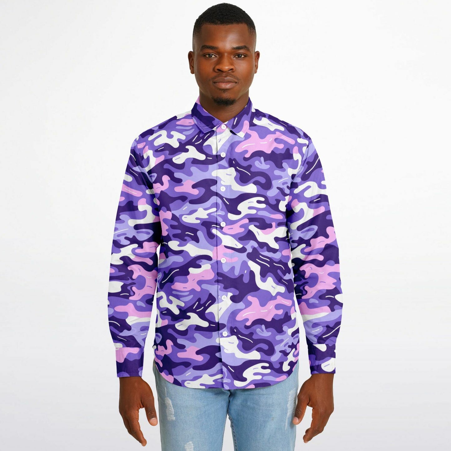 Bold Purple Camo Long Sleeve Button Down Shirt