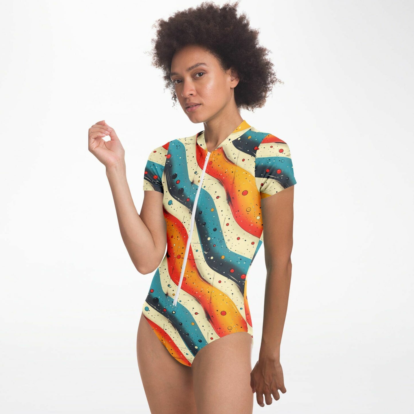 Retro Wave Pattern Women's Short-Sleeve Swimsuit - AOP