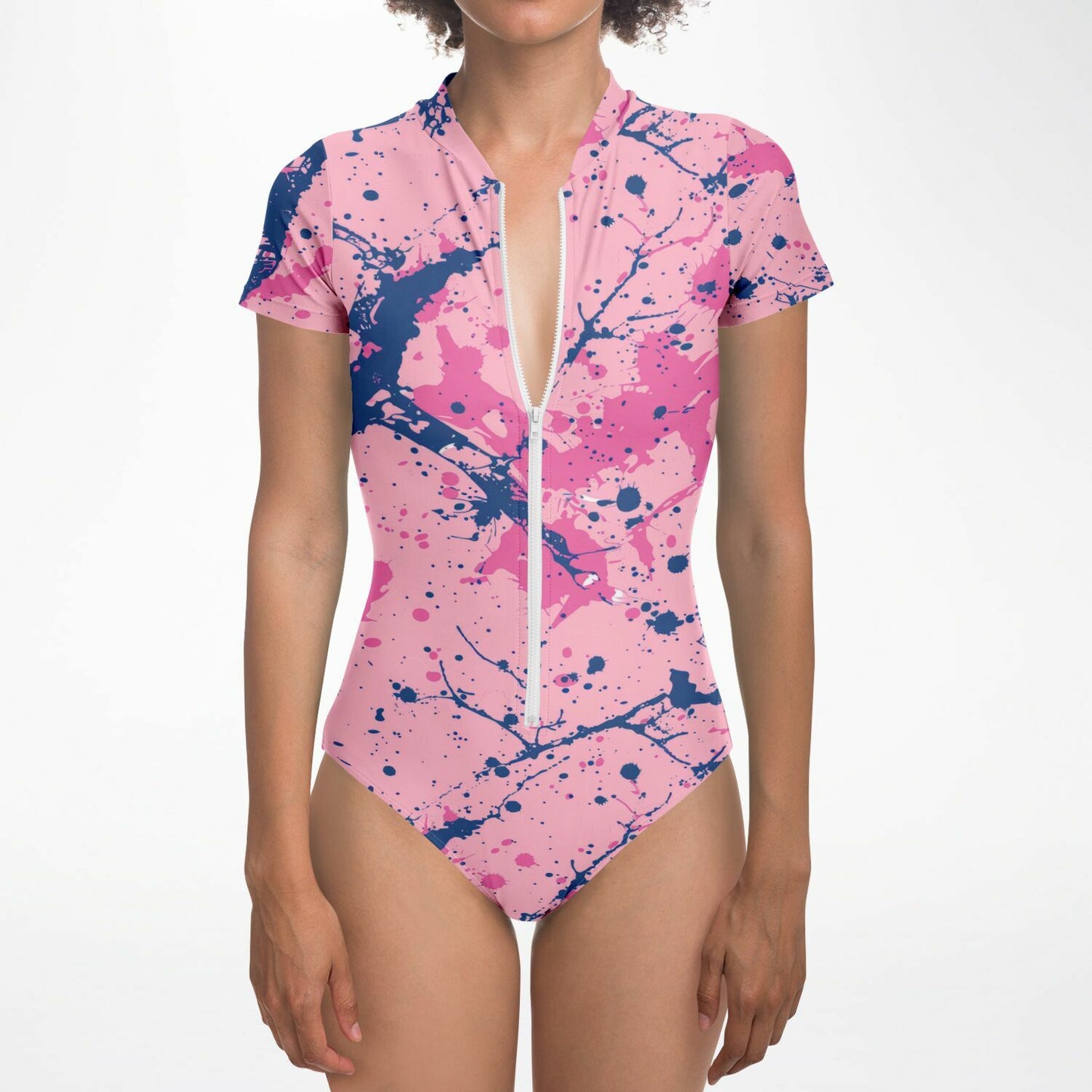 Pink and Blue Splatter Pattern Women's Short-Sleeve Swimsuit - AOP