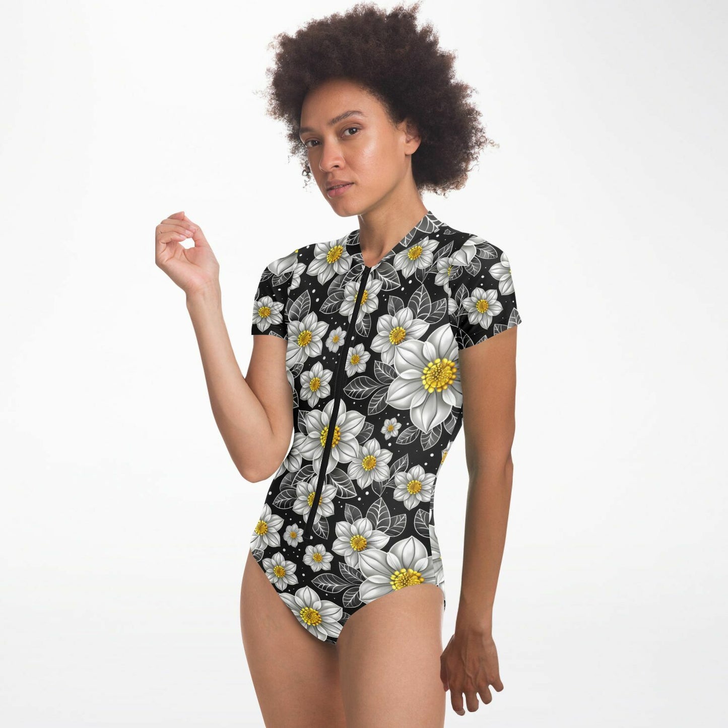 Elegant Floral Pattern Women's Short-Sleeve Swimsuit - AOP