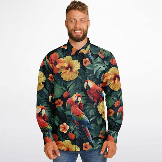 Tropical Parrot and Hibiscus Long Sleeve Button Down Shirt