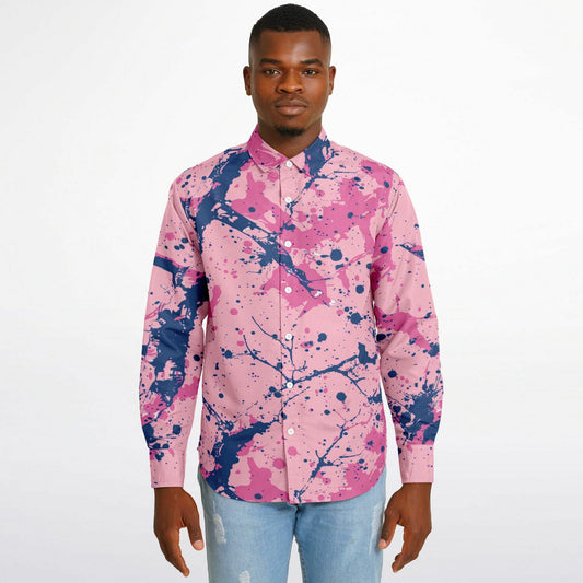 Artistic Pink and Blue Splatter Long Sleeve Button Down Shirt