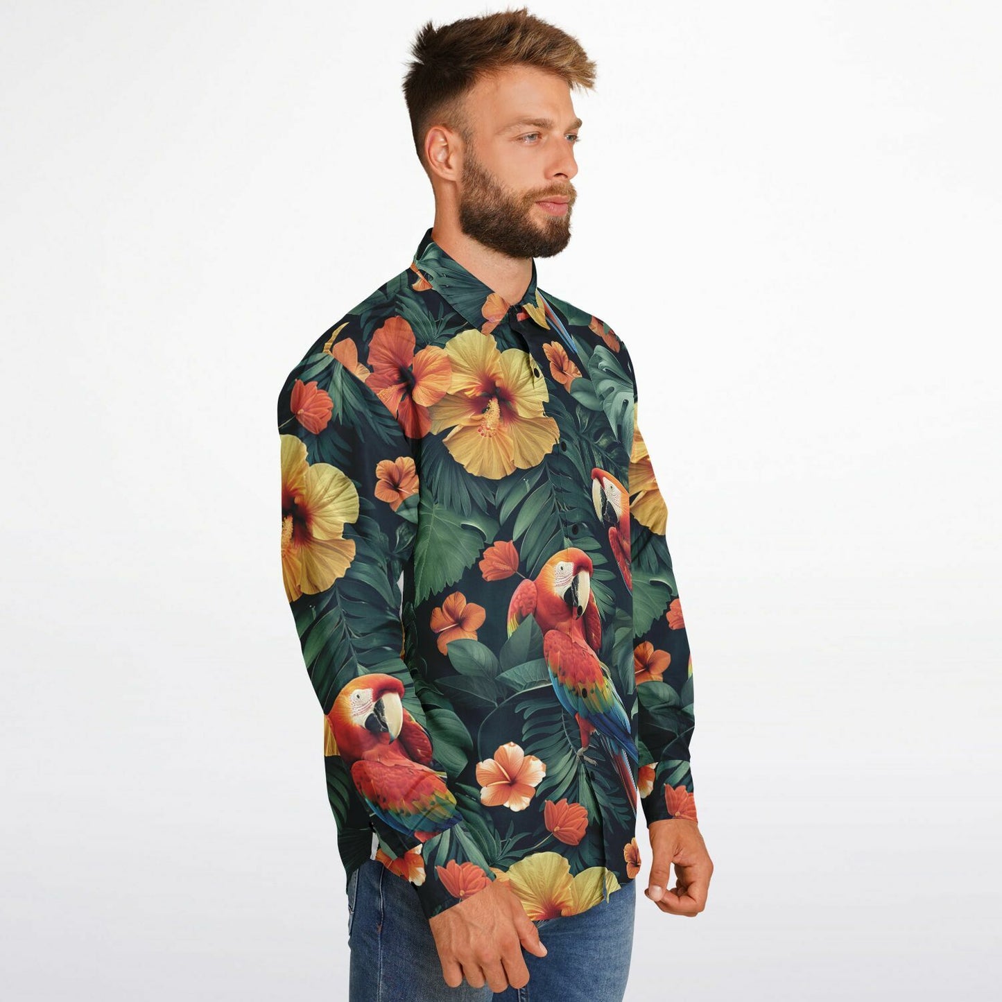 Tropical Parrot and Hibiscus Long Sleeve Button Down Shirt