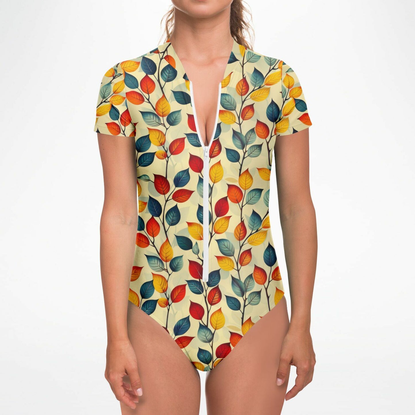 Autumn Leaves Pattern Women's Short-Sleeve Swimsuit - AOP