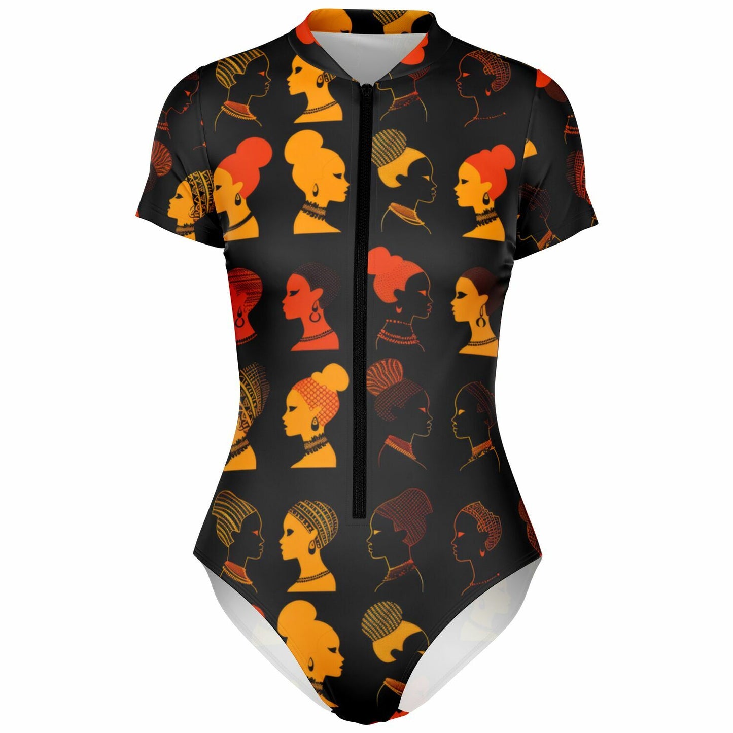 African Silhouette Pattern Women's Short-Sleeve Swimsuit - AOP