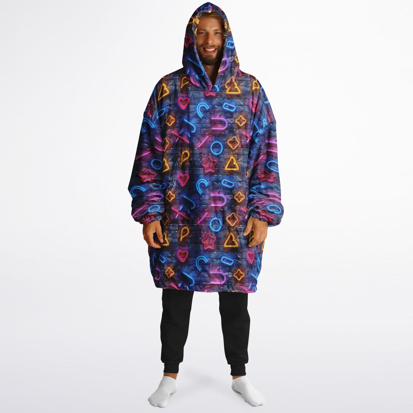 Reversible Snug Hoodie - Neon Lights and Cosmic Patterns Design - AOP