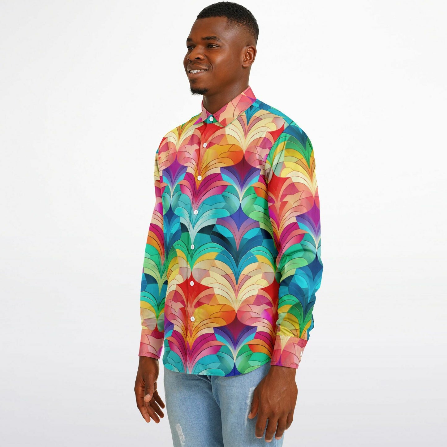 Retro Rainbow Feather Long Sleeve Button Down Shirt