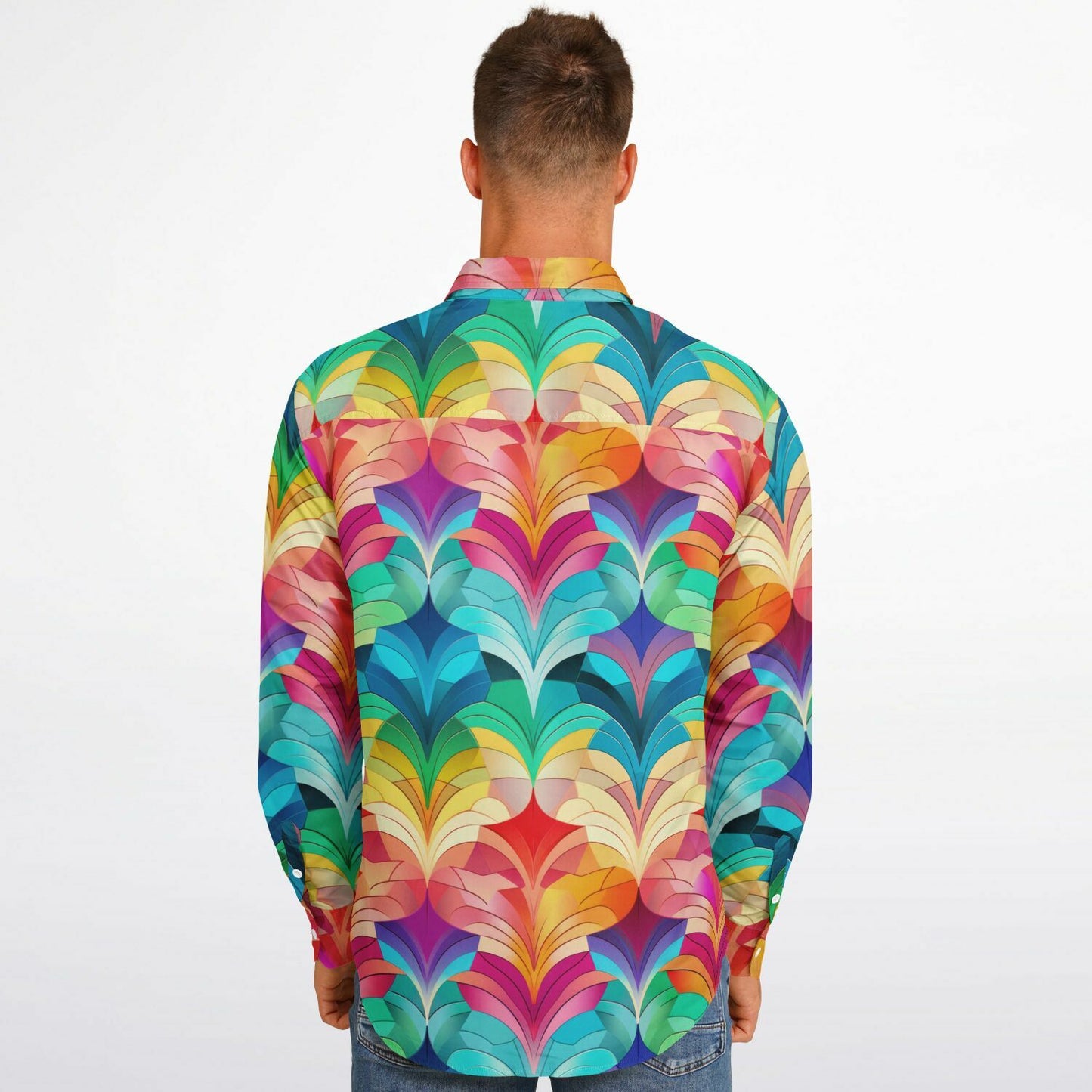 Retro Rainbow Feather Long Sleeve Button Down Shirt