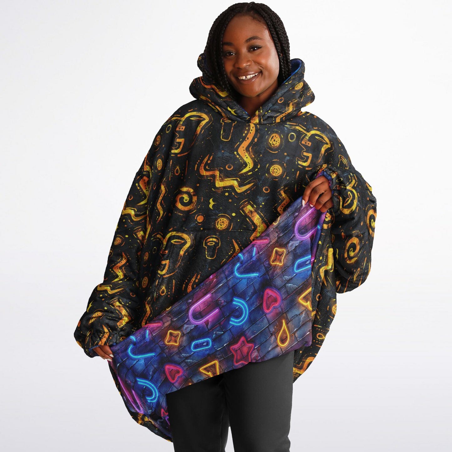 Reversible Snug Hoodie - Neon Lights and Cosmic Patterns Design - AOP