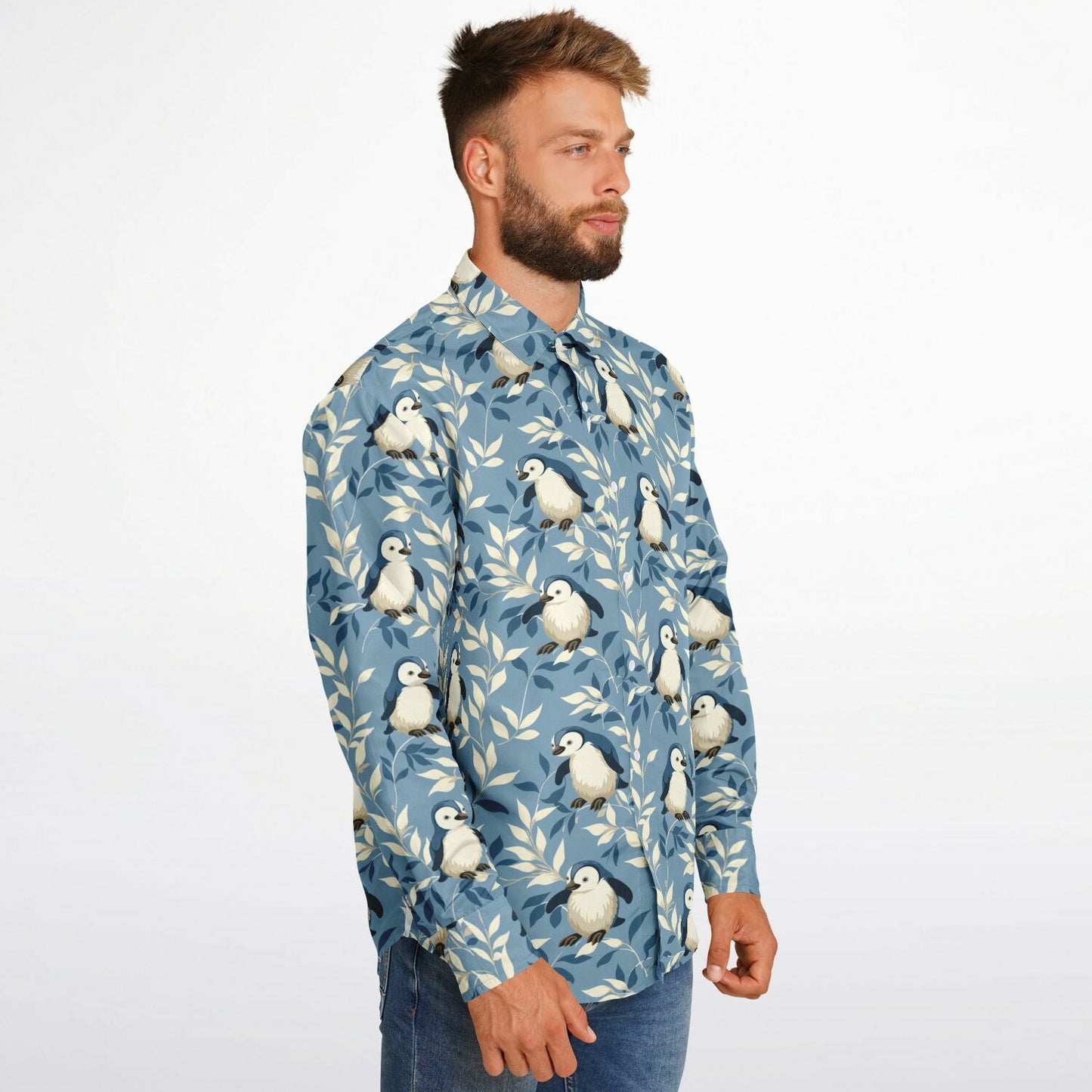 Penguin Pattern Long Sleeve Button Down Shirt