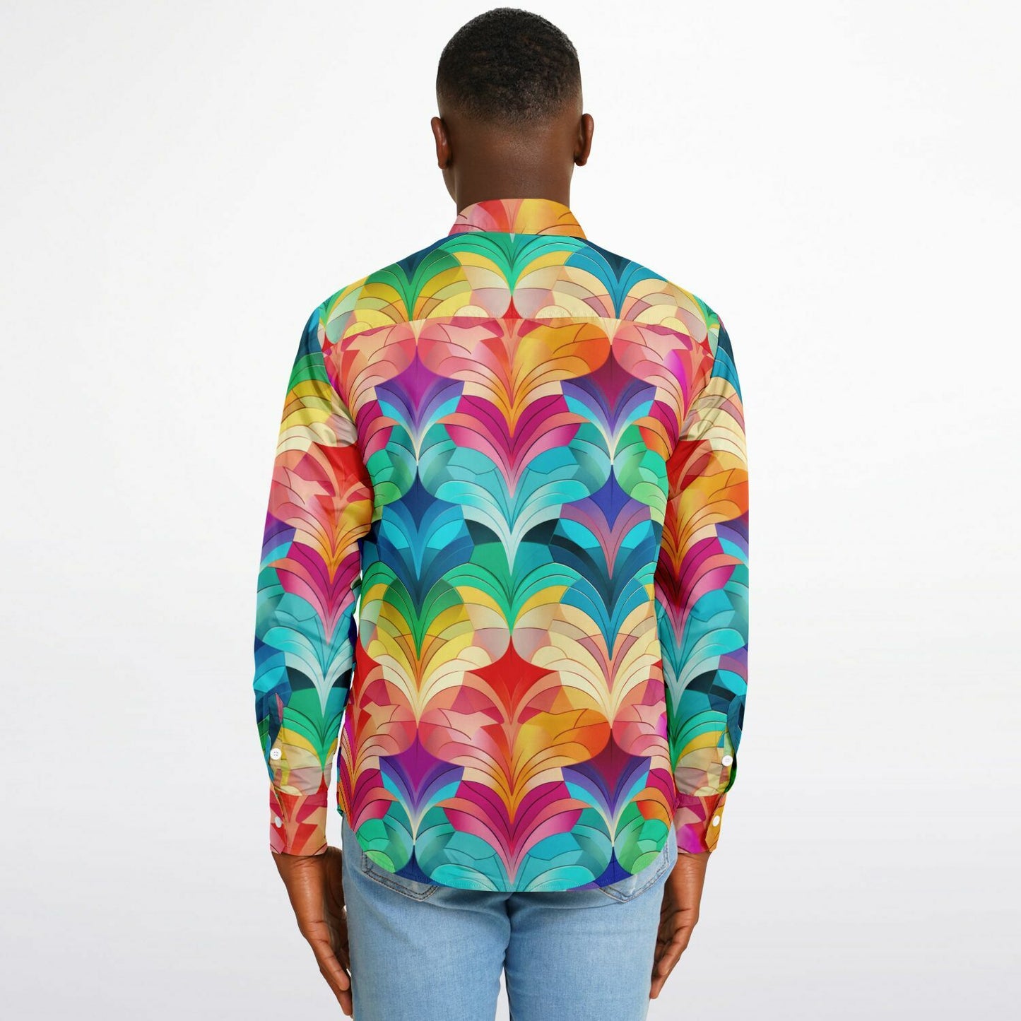 Retro Rainbow Feather Long Sleeve Button Down Shirt